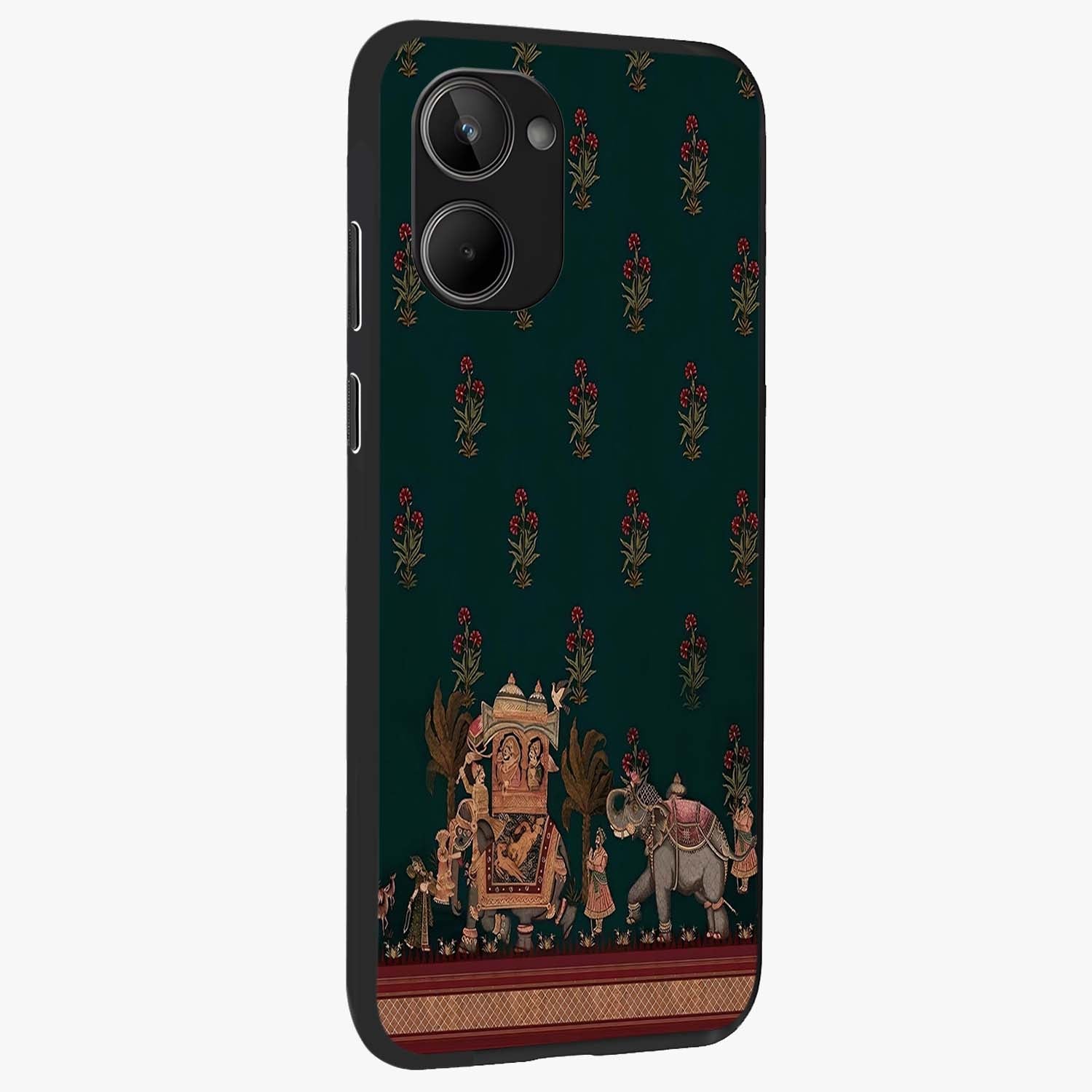Macmerise Glass Case upright view showcasing bold artistic artwork with contemporary design theme.