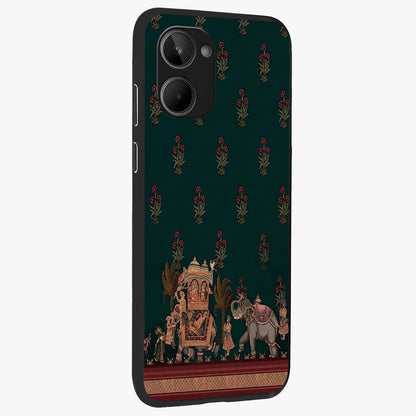 Macmerise Glass Case upright view showcasing bold artistic artwork with contemporary design theme.