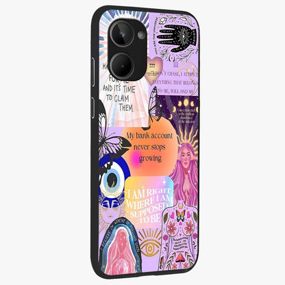 Manifestation Collage Glass Case upright view showcasing artistic manifestation themed artwork with creative style.