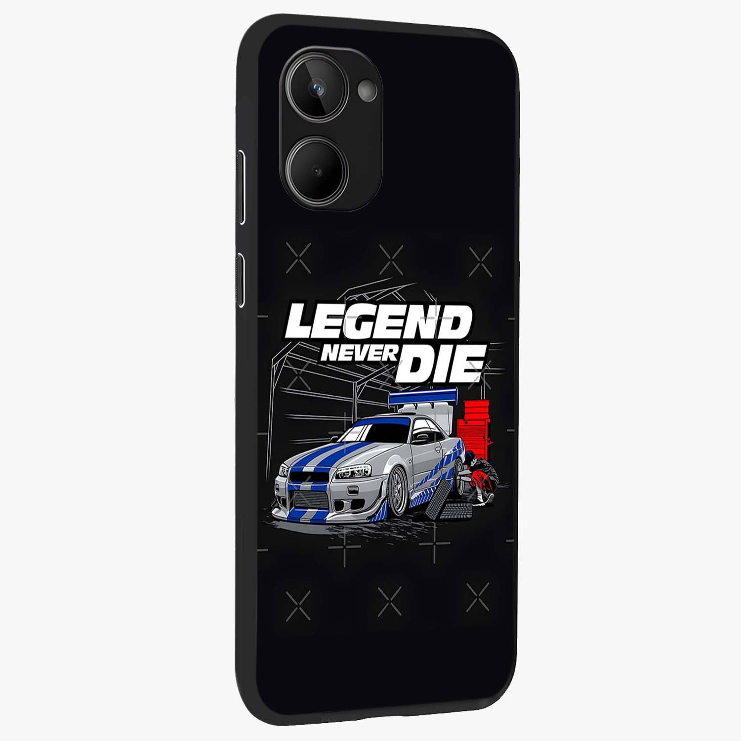 Midnight Racing Legacy Glass Case upright view showcasing powerful racing artwork with modern sports theme.