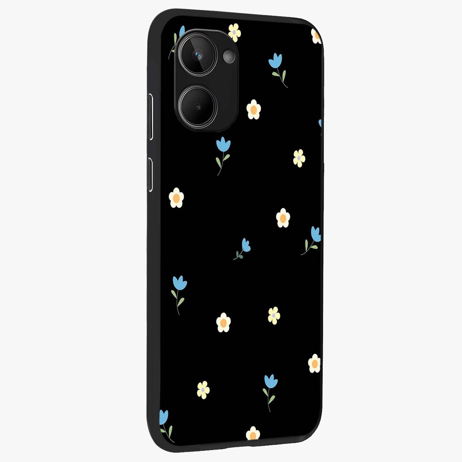 Minimal Petal Whispers Glass Case upright view showcasing elegant floral artwork with modern minimalist style.