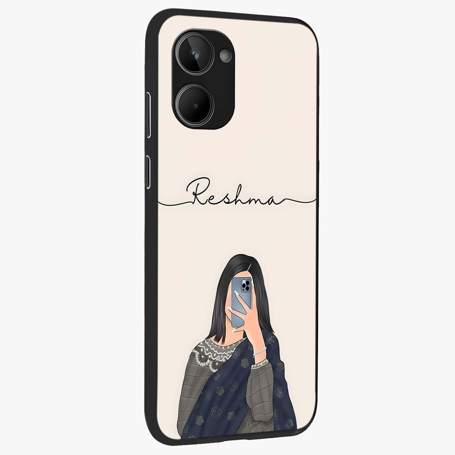 Mirror Mood Muse With Custom Name Glass Case upright view showcasing artistic mirror themed artwork with personalized aesthetic.