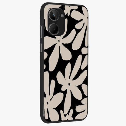 Monochrome Petal Dance Glass Case upright view showcasing artistic floral pattern with stylish monochrome theme.