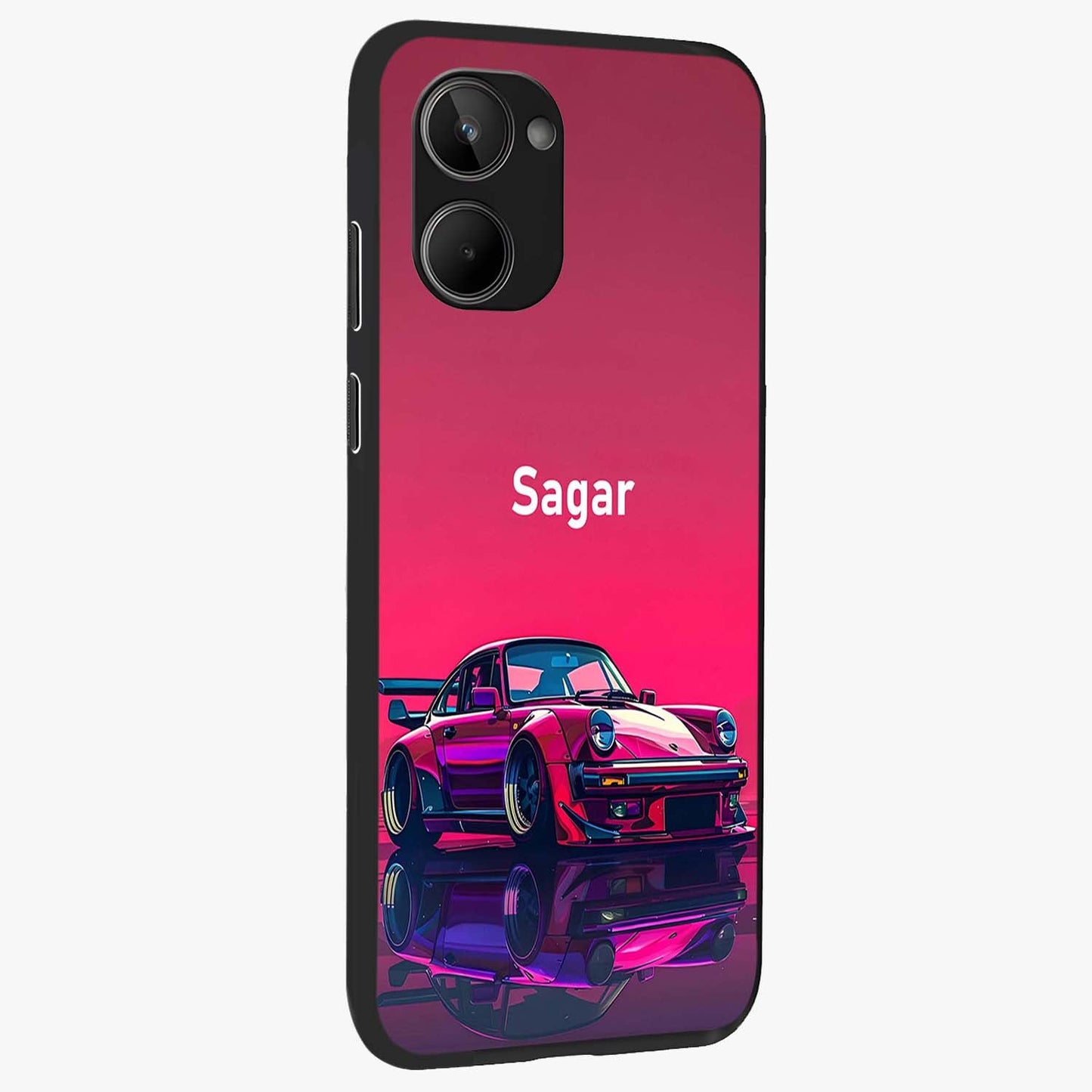 Neon Pink Porsche Glass Case upright view showcasing vibrant sports car artwork with bold automotive theme.