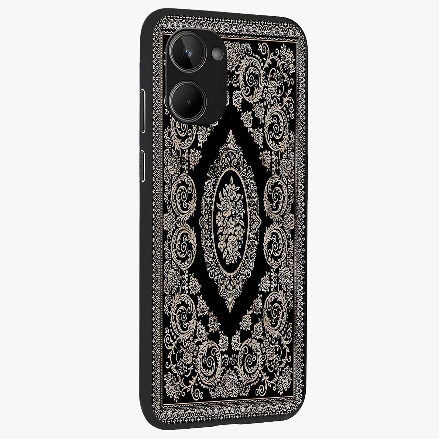 Noir Bloom Elegance Glass Case upright view showcasing graceful floral artwork with luxurious dark theme.