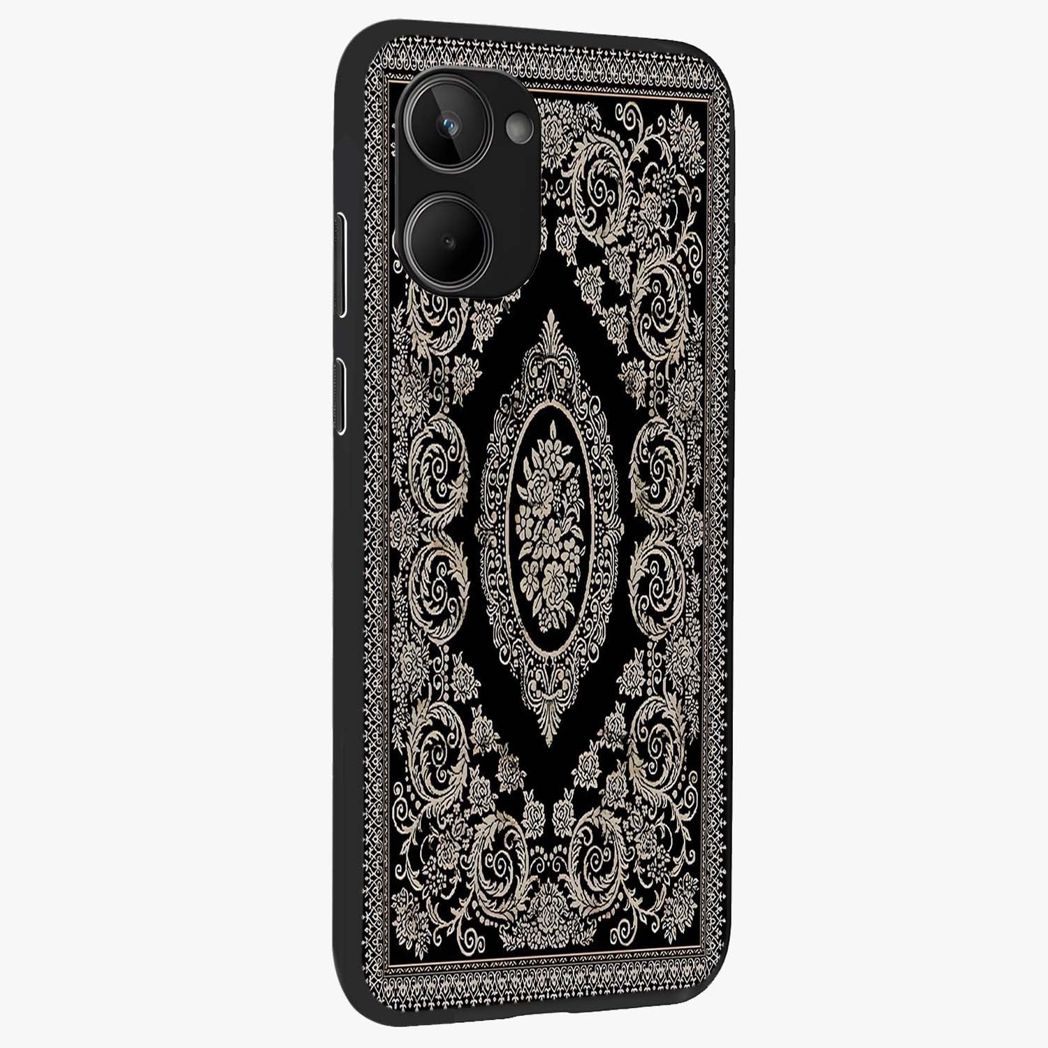 Noir Bloom Elegance Glass Case upright view showcasing graceful floral artwork with luxurious dark theme.