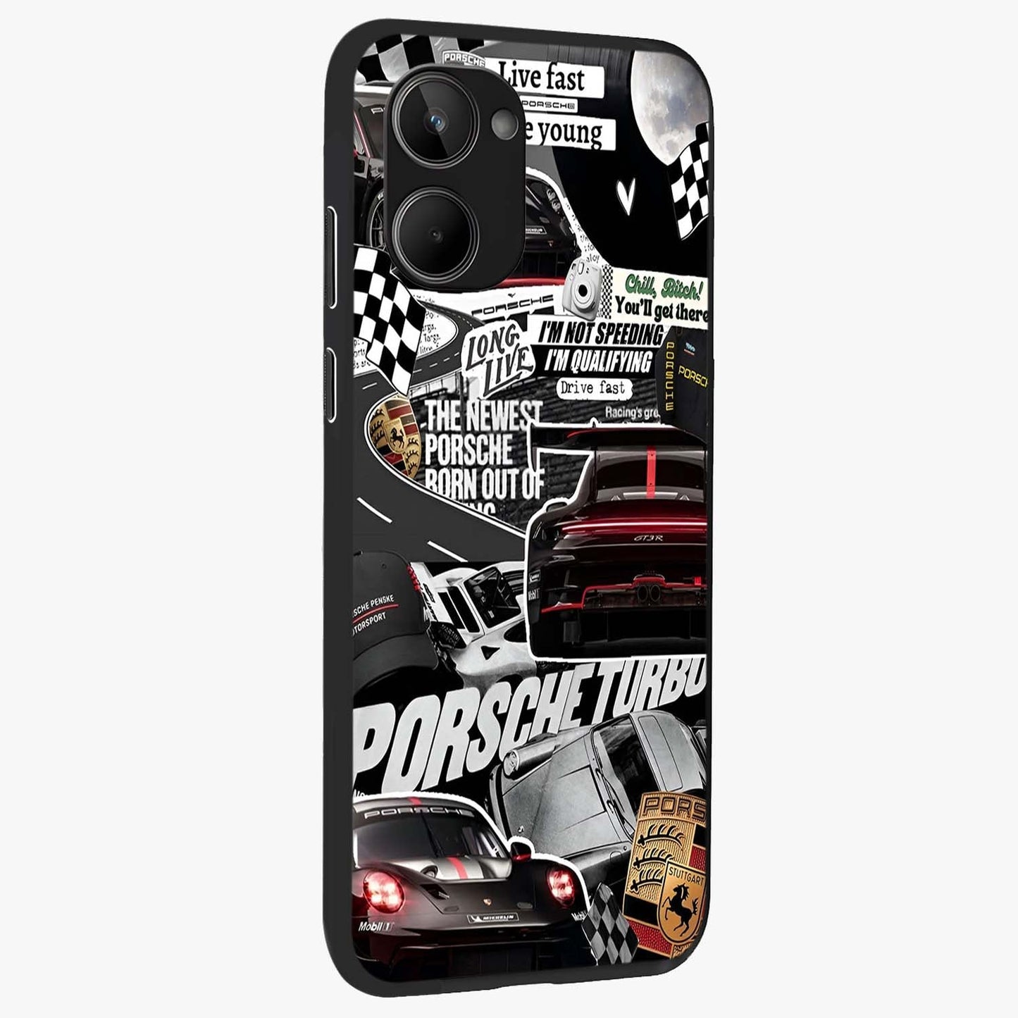 Porsche Racing Collage Glass Case upright view showcasing energetic car collage artwork with high speed racing theme.