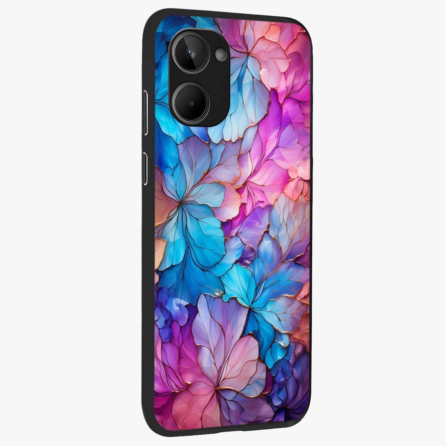 Radiant Floral Whirl Glass Case upright view showcasing lively floral artwork with decorative swirl theme.