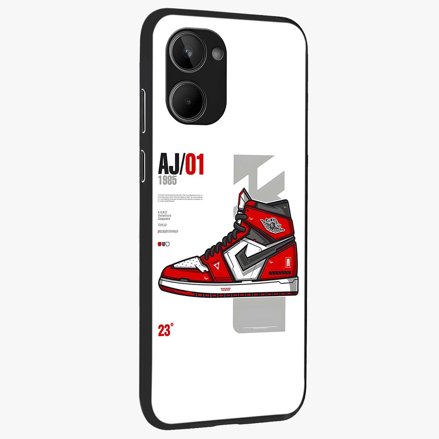 Retro Sneaker Blueprint Glass Case upright view showcasing stylish sneaker illustration with vintage streetwear theme.