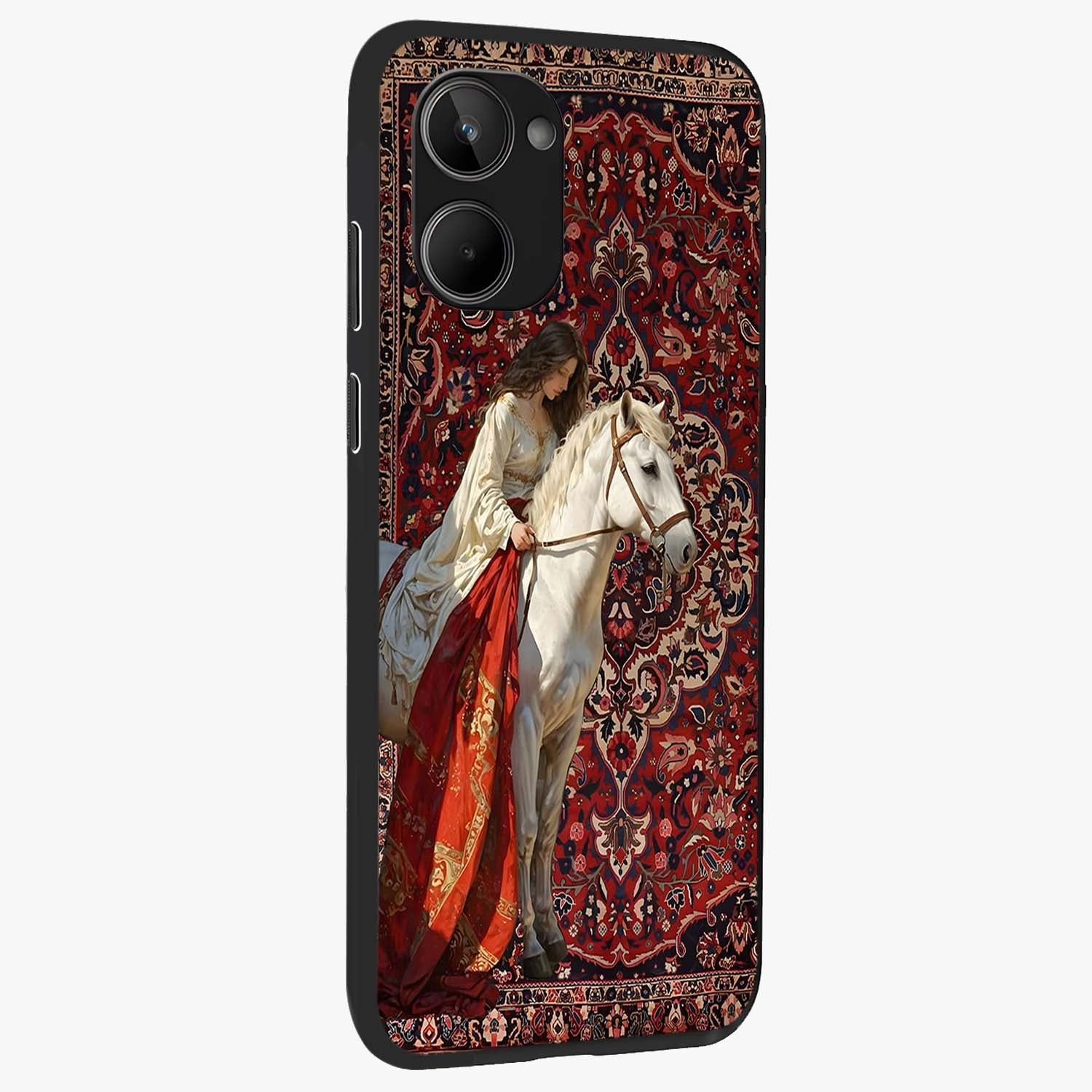 Royal Rider Tapestry Glass Case upright view showcasing detailed rider artwork with classic tapestry theme.