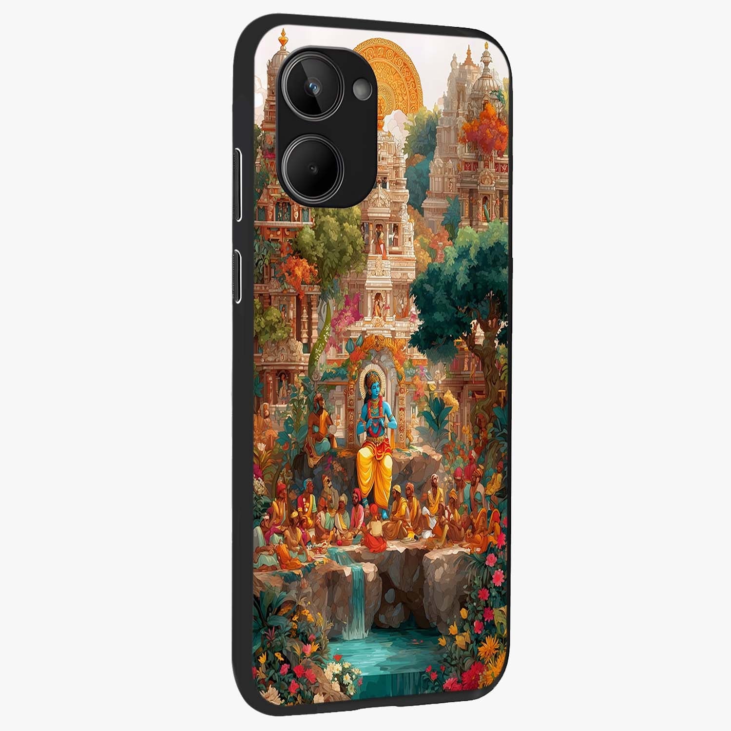 Sacred Sunlight Gods Glass Case upright view showcasing glowing divine artwork with sacred mythological theme.