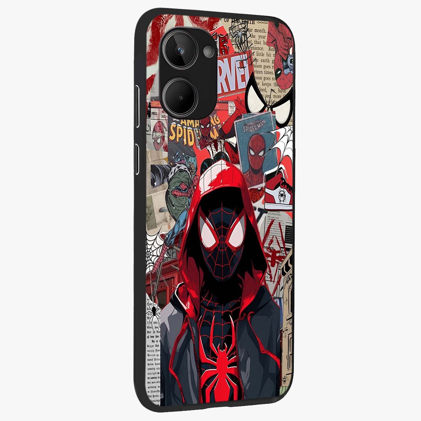 Spider Collage Street Glass Case upright view showcasing bold superhero artwork with urban street theme.