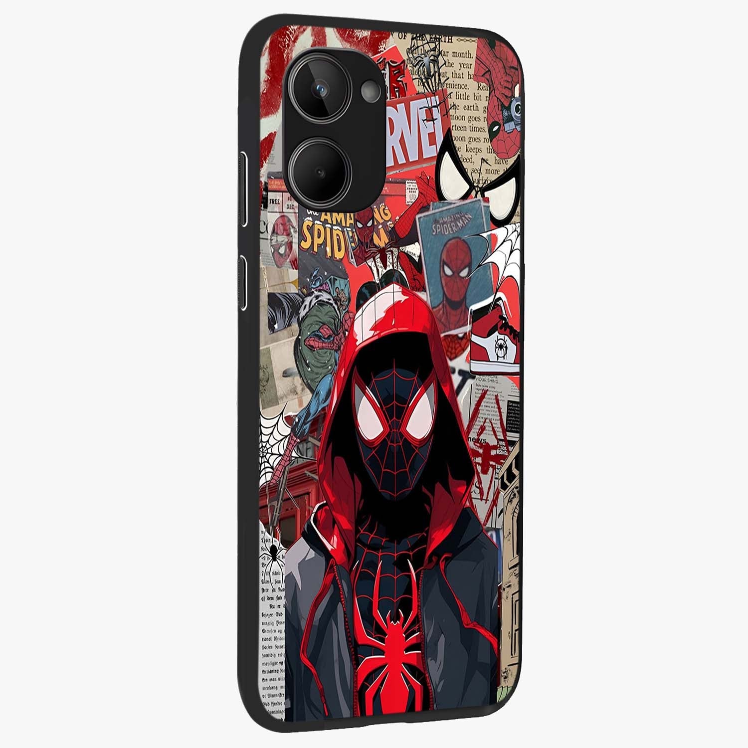 Spider Collage Street Glass Case upright view showcasing bold superhero artwork with urban street theme.
