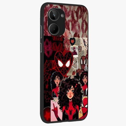 Spider Love Story Glass Case upright view showcasing charming superhero artwork with romantic comic theme.