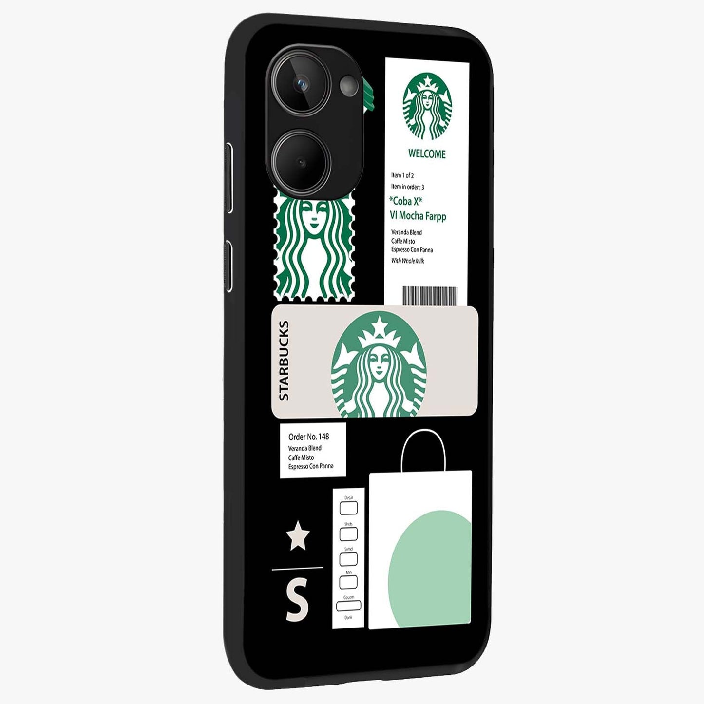 Starbucks Mocha Glass Case upright view showcasing trendy coffee inspired artwork with modern lifestyle theme.