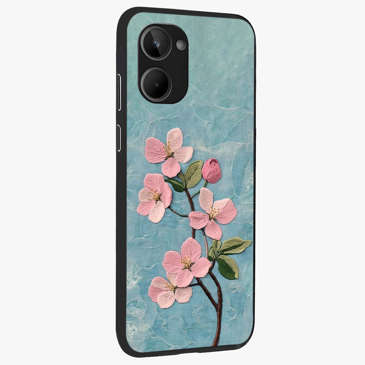 Threaded Blossom Breeze Glass Case upright view showcasing graceful flower artwork with calm botanical theme.