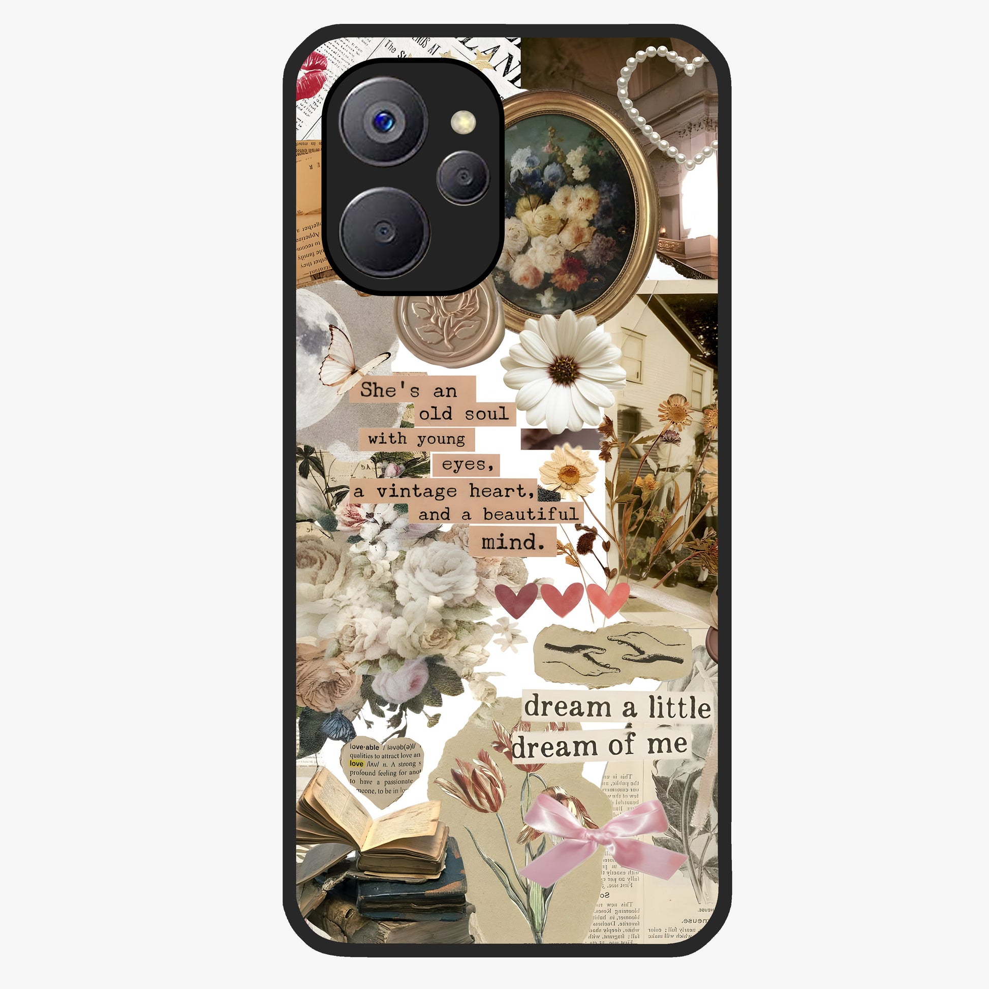 Aesthetic Brown Vintage Collage Glass Case showing flat back view with retro collage artwork and glossy glass finish.