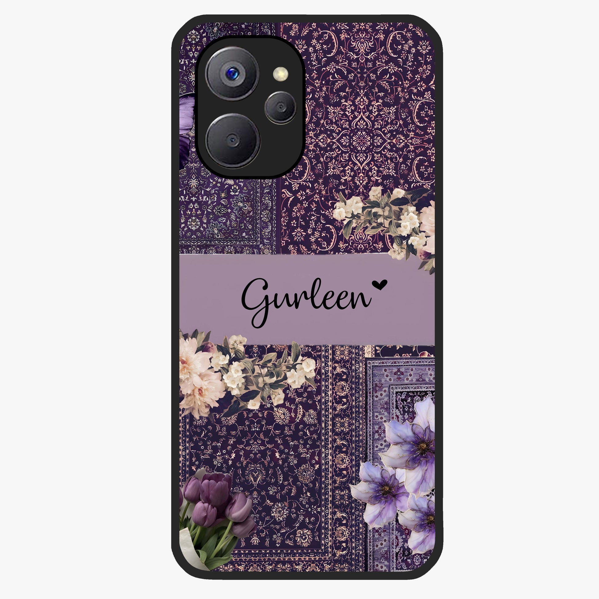 Antique Floral Whisper Custom Name Glass Case showing flat back view with vintage floral artwork and personalized name design.