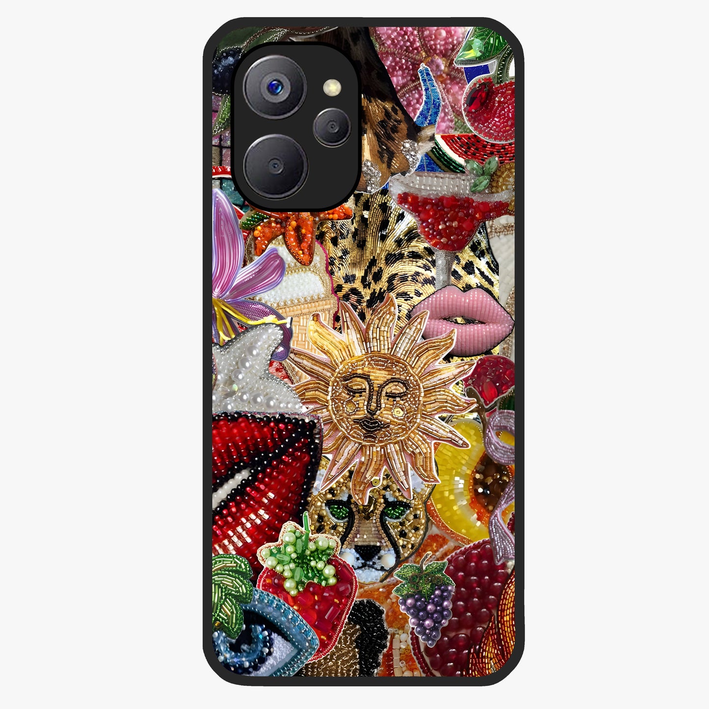 Beaded Fashion Jungle Glass Case showing flat back view with vibrant jungle inspired bead artwork and glossy glass finish.