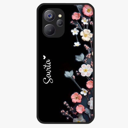 Black Elegance Floral Custom Name Glass Case showing flat back view with elegant floral artwork and personalized name design.