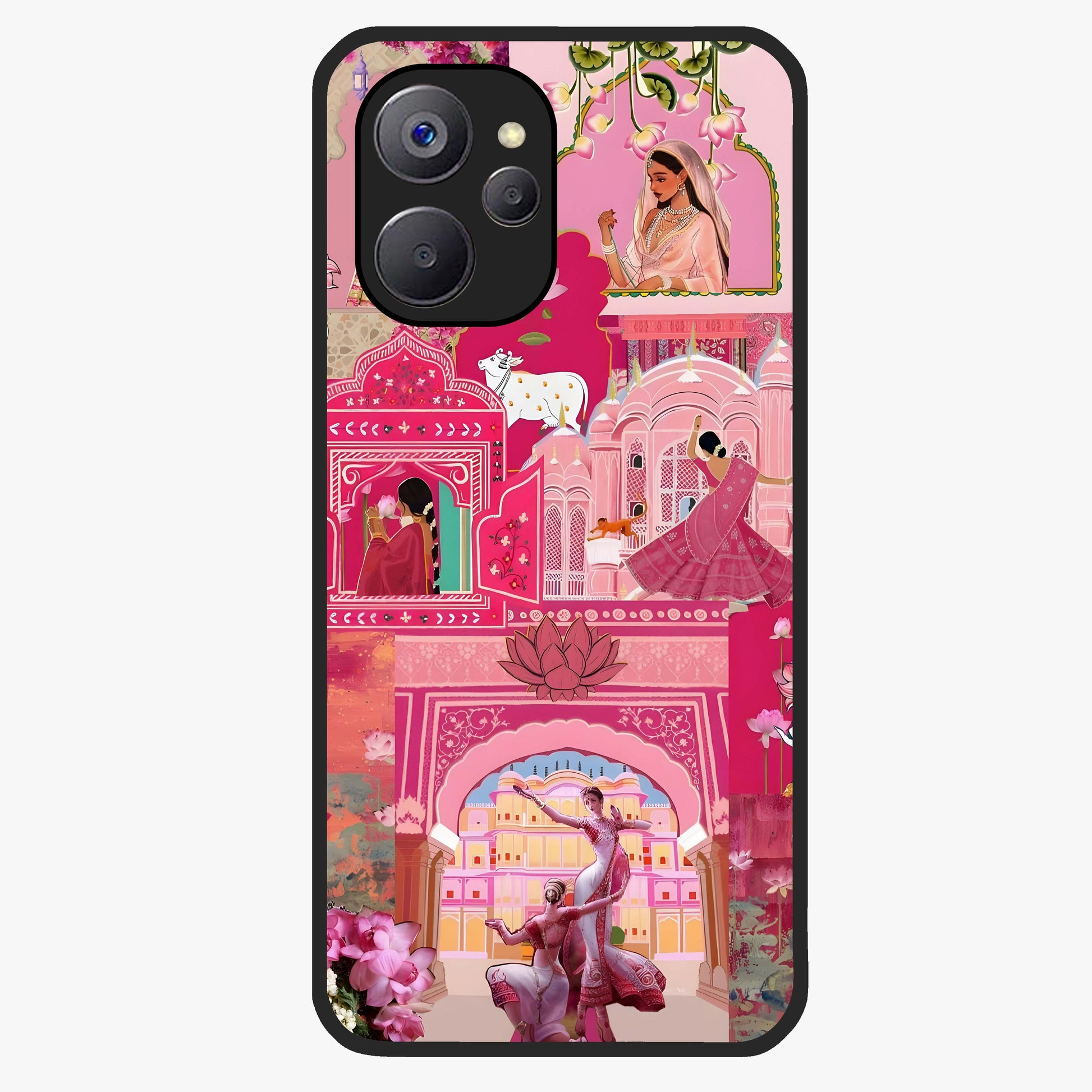 Blossoms of Rajasthan Glass Case showing flat back view with traditional floral artwork inspired by Rajasthan and glossy glass finish.