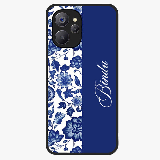 Blue Vintage Floral Pattern Glass Case upright view showcasing timeless floral illustration with vintage inspired style.