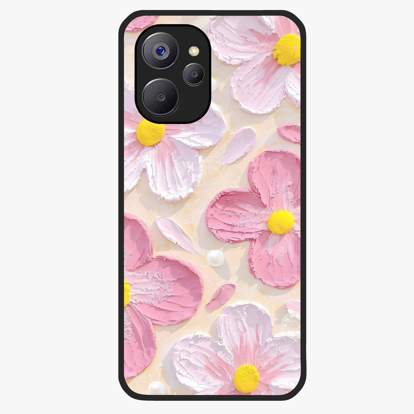 Blush Bloom Texture Glass Case showing flat back view with soft blush floral texture artwork and glossy glass finish.