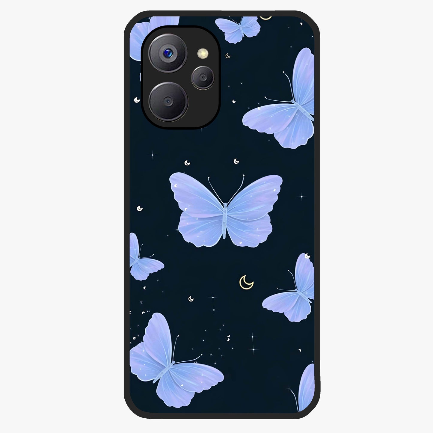 Butterfly With Stars Pattern Glass Case showing flat back view with butterfly and star pattern artwork and glossy glass finish.