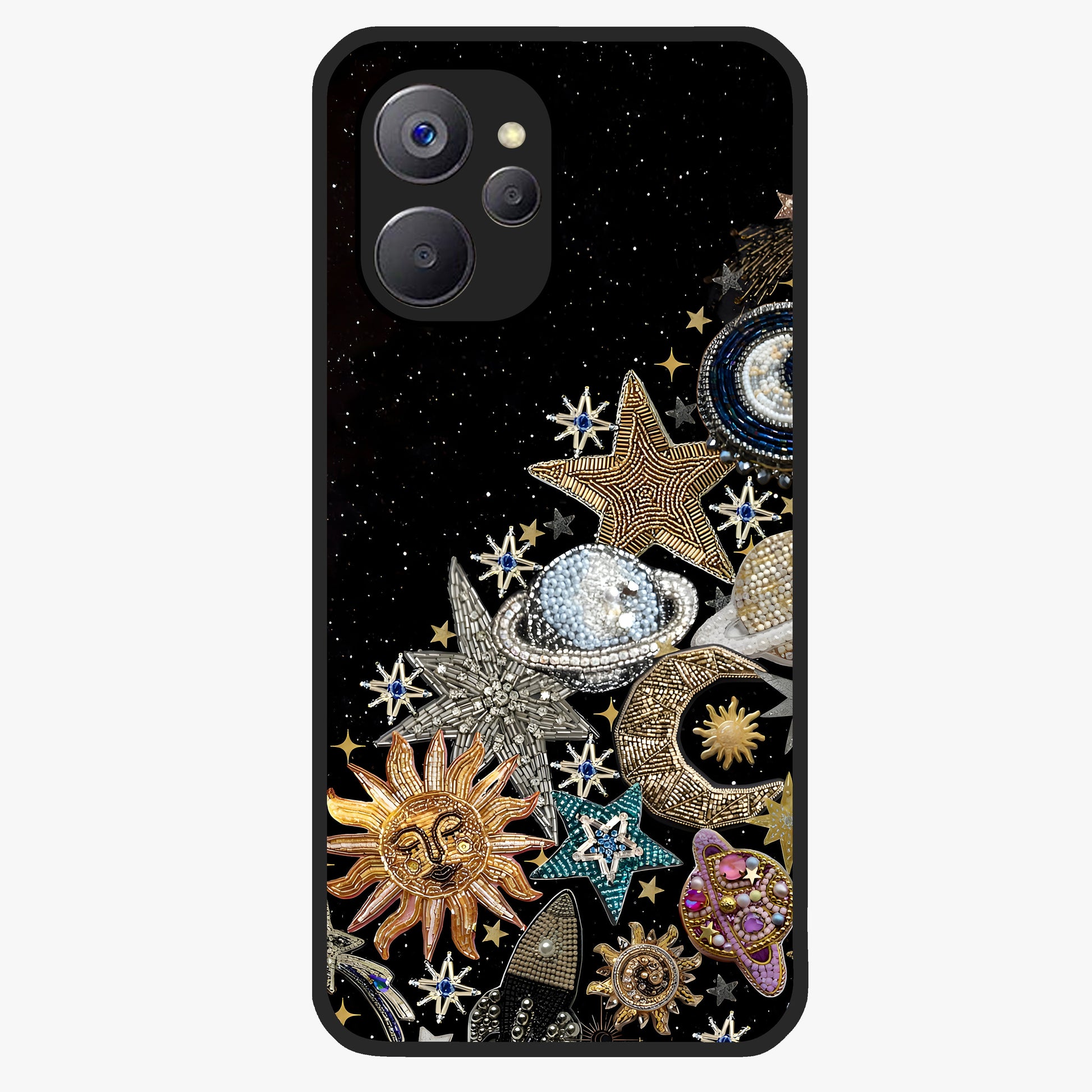Cosmic Sparkle Dreams Glass Case showing flat back view with sparkling cosmic artwork and glossy glass finish.
