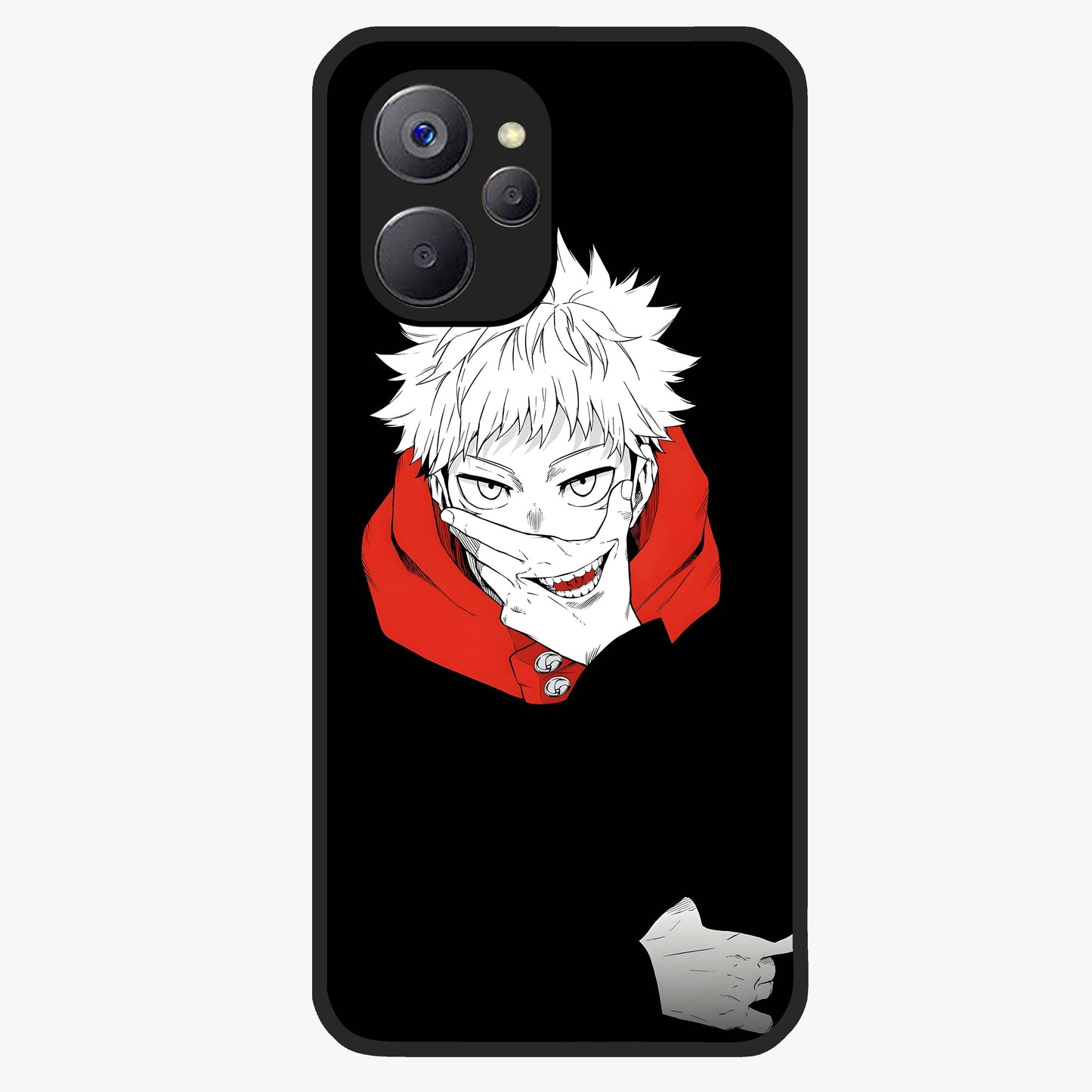 Crimson Chaos Smile Glass Case showing flat back view with bold chaotic smile artwork and glossy glass finish.