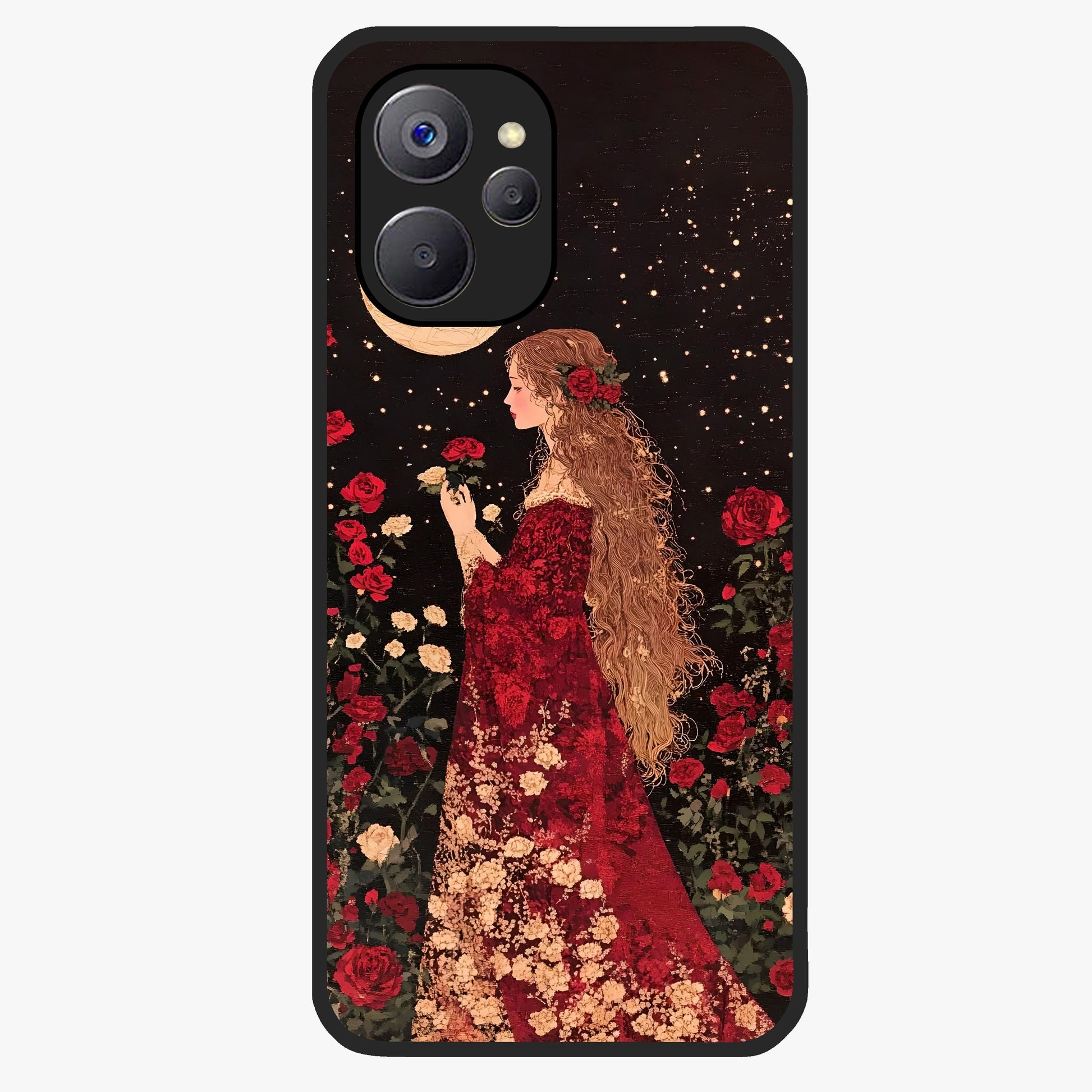 Crimson Dreams Glass Case showing flat back view with dreamy crimson artwork and glossy glass finish.