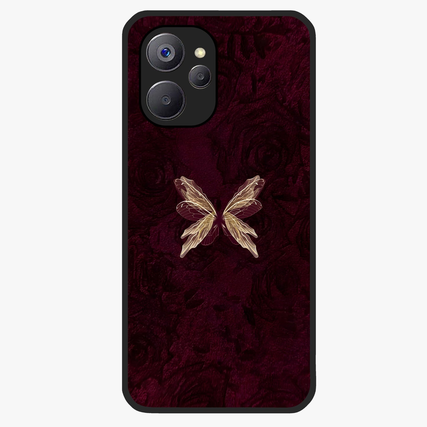 Crimson Fade Butterfly Glass Case showing flat back view with fading butterfly artwork and glossy glass finish.