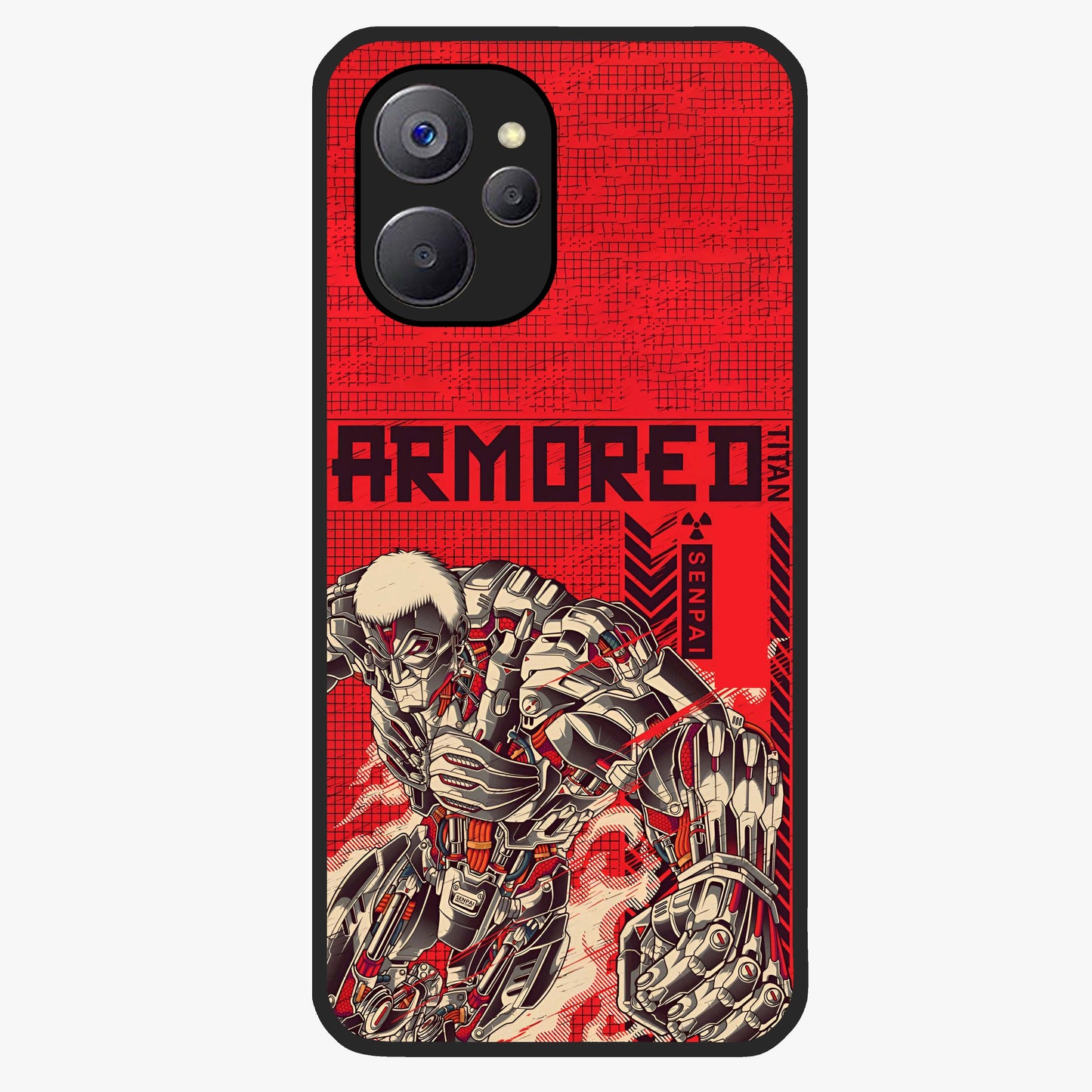 Crimson Mecha Titan Glass Case showing flat back view with powerful mech titan artwork and glossy glass finish.