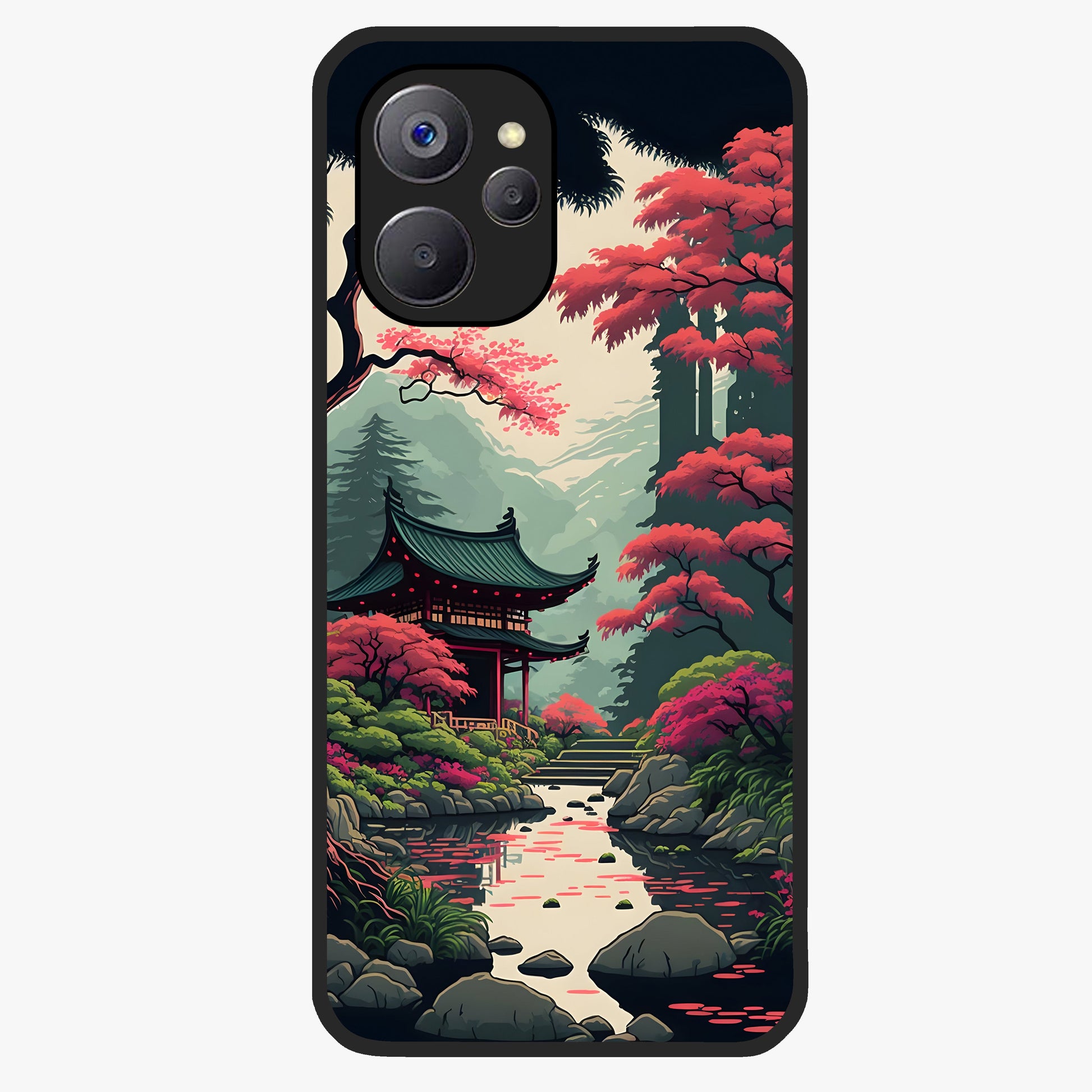 Crimson Temple View Glass Case showing flat back view with temple inspired artwork and glossy glass finish.