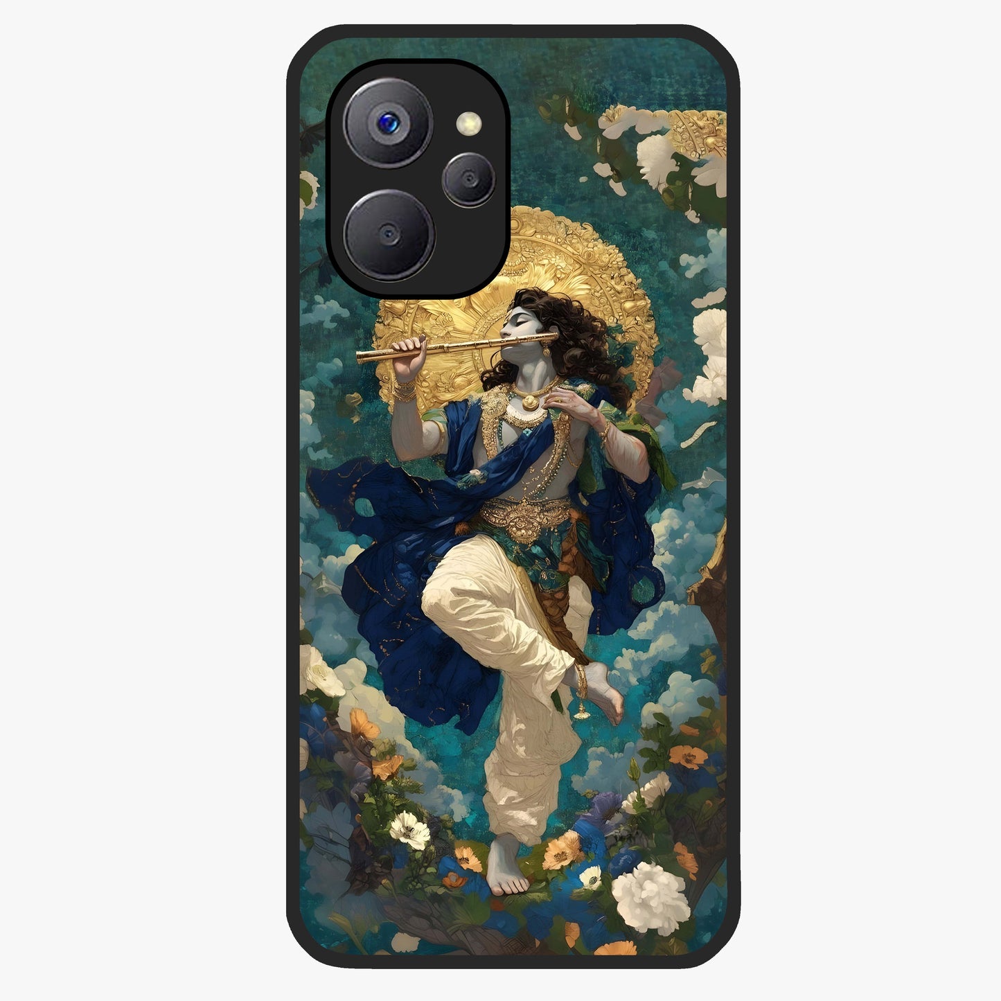 Divine Krishna Art Glass Case showing flat back view with Lord Krishna artwork and glossy glass finish.