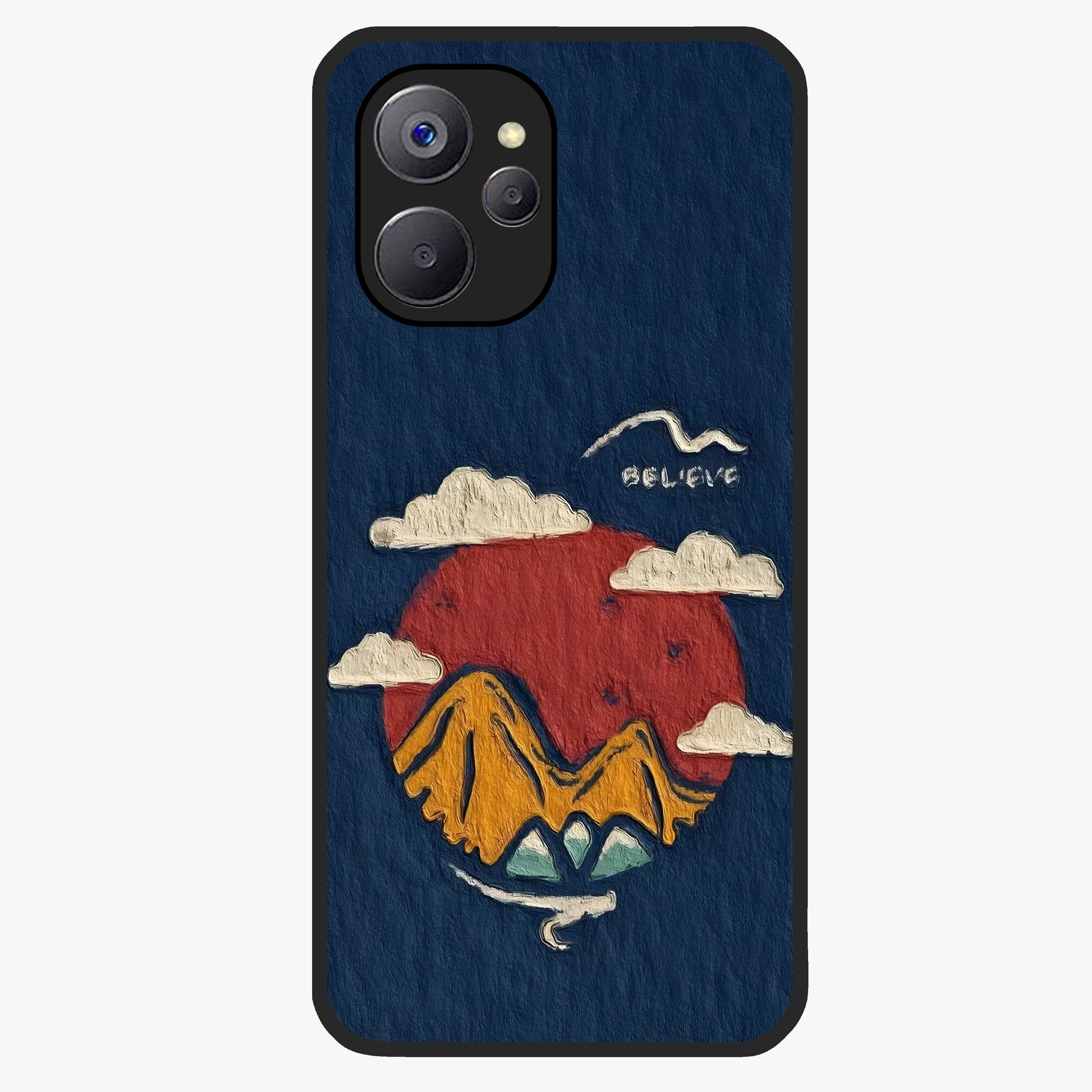 Dream Beyond Mountains Glass Case showing flat back view with scenic mountain landscape artwork and glossy glass finish.