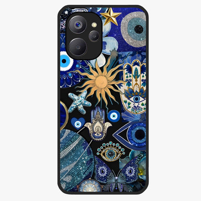 Evil Eye Charm Mix Glass Case showing flat back view with multiple evil eye charms artwork and glossy glass finish.