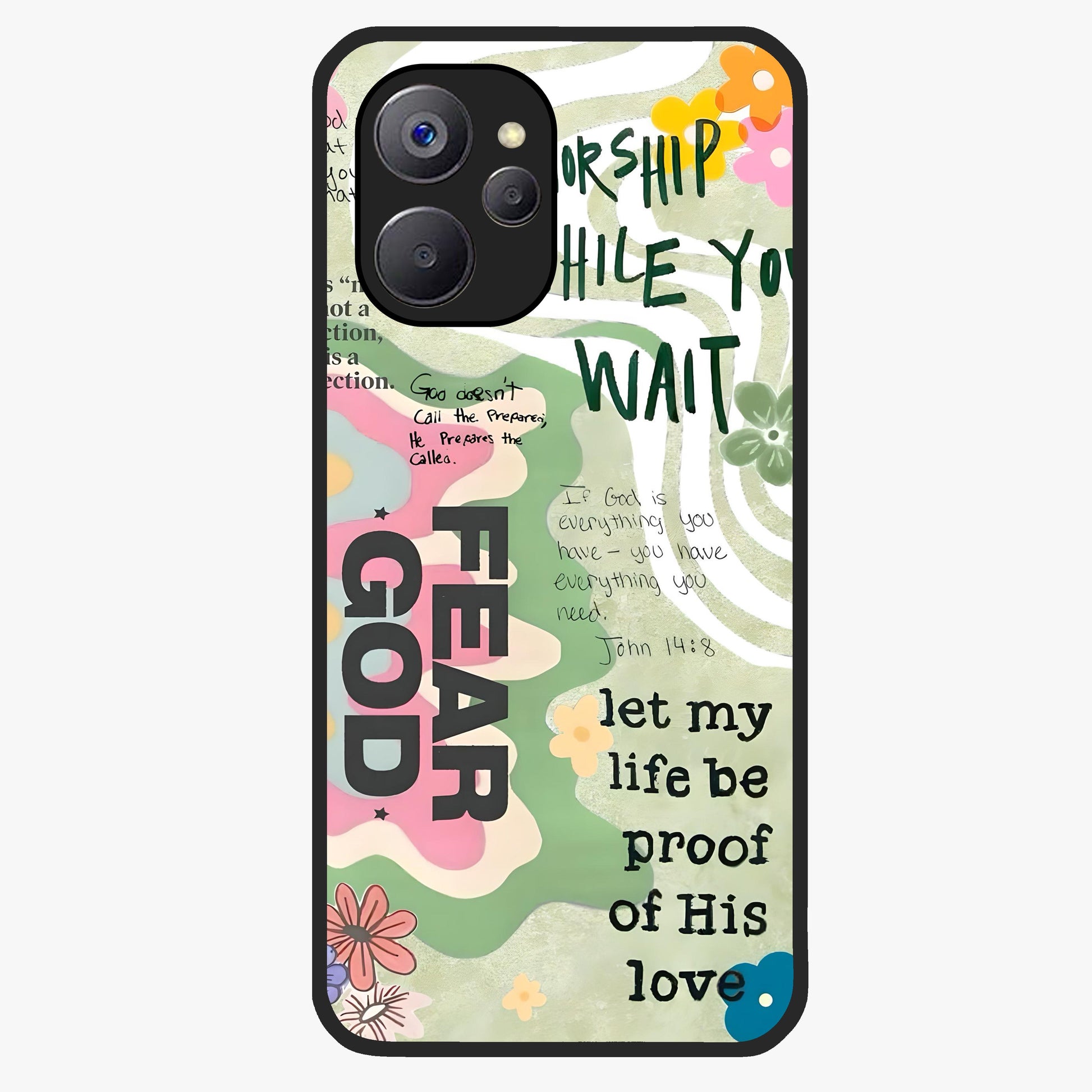 Faith Over Fear Glass Case showing flat back view with motivational typography artwork and glossy glass finish.