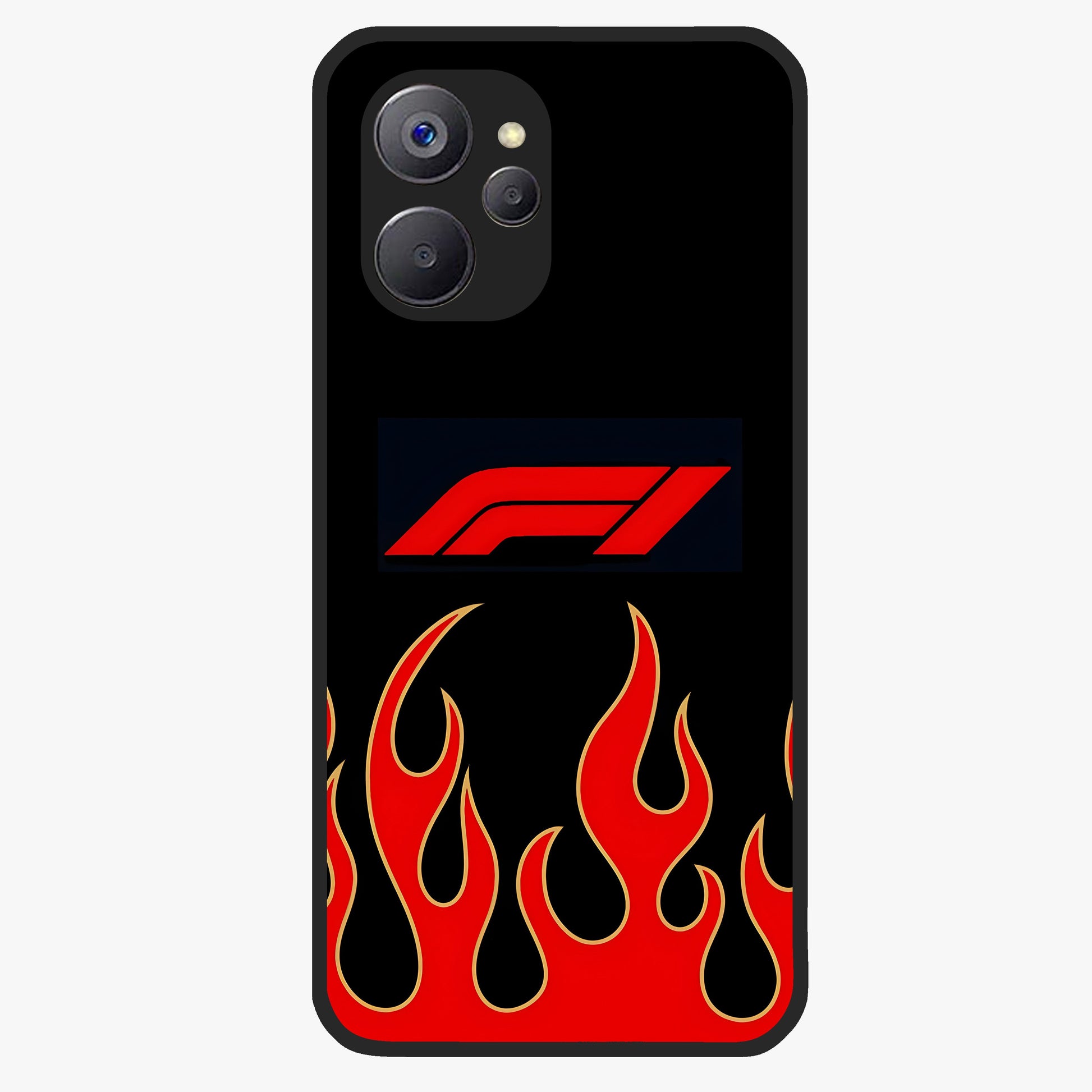 Fire F11 Glass Case showing flat back view with fiery themed artwork and glossy glass finish.