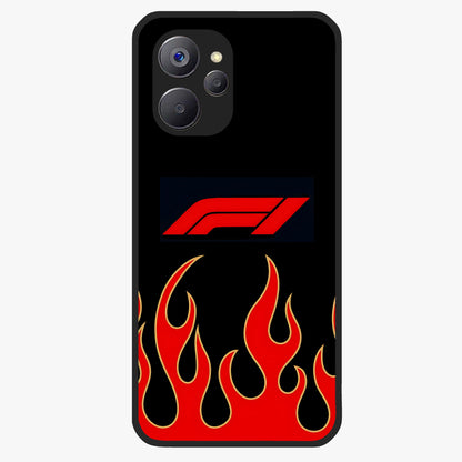 Fire F11 Glass Case showing flat back view with fiery themed artwork and glossy glass finish.