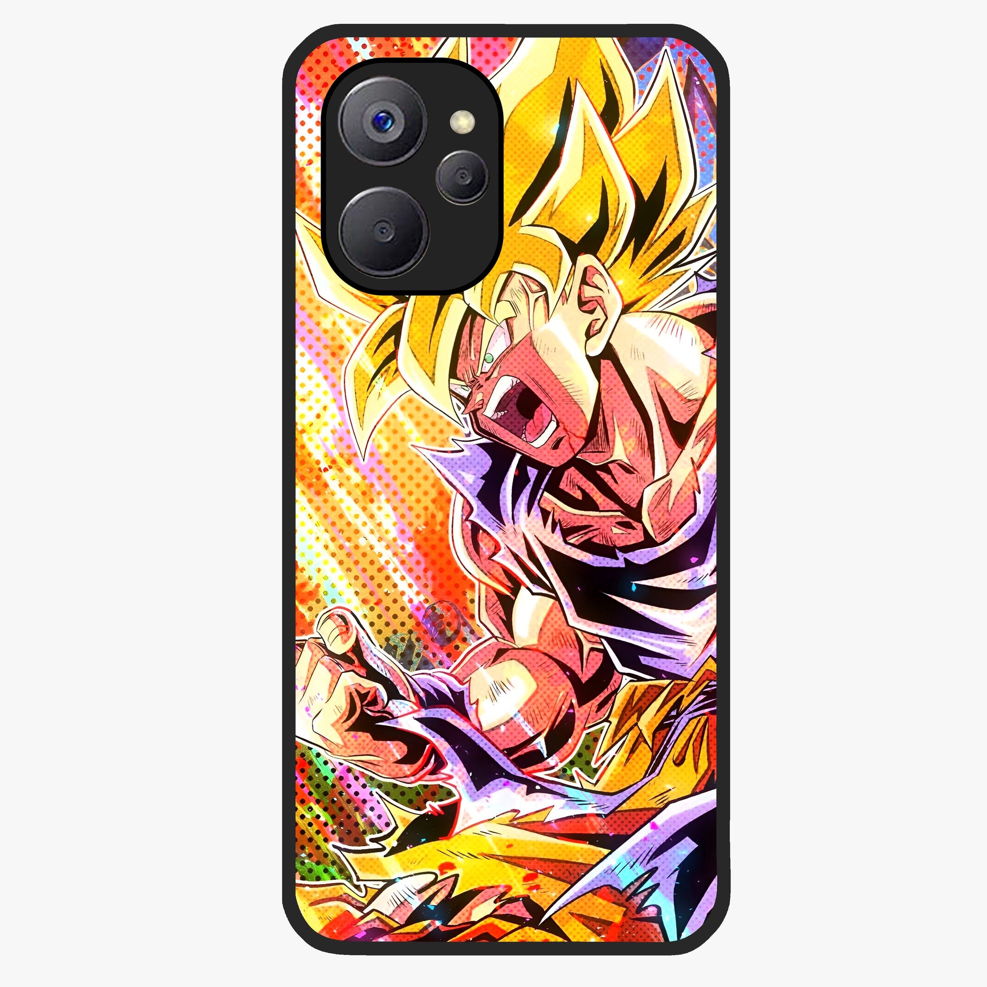 Firing Goku Glass Case showing flat back view with powerful anime inspired artwork and glossy glass finish.