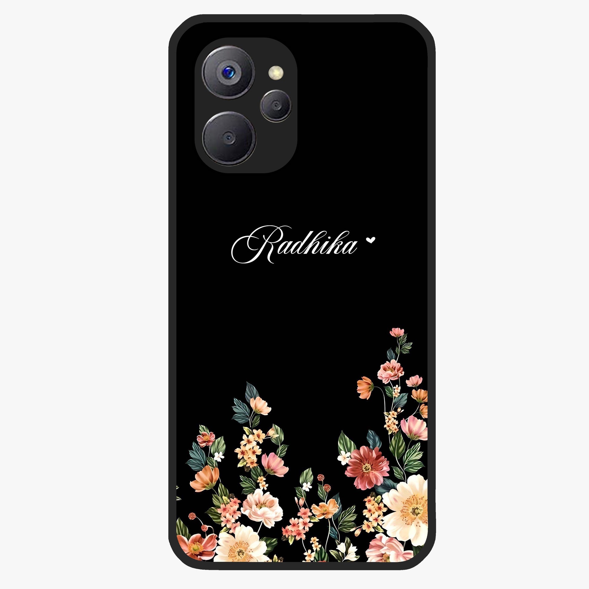 Floral Design With a Custom Personalized Name Glass Case showing flat back view with floral artwork and personalized name design.
