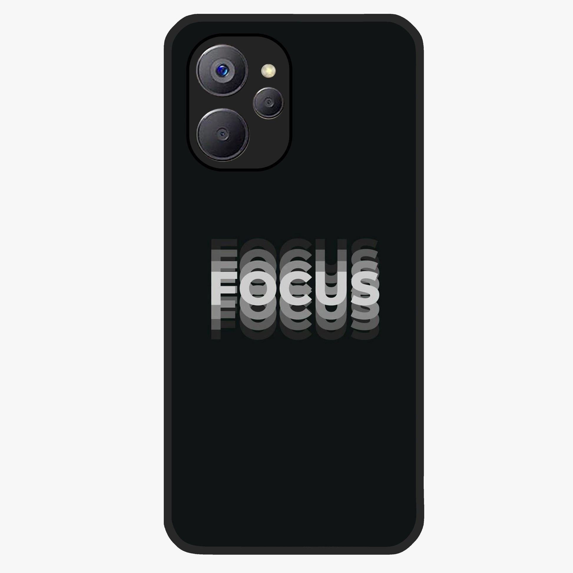 Focus Mode On Glass Case showing flat back view with bold motivational typography design and glossy glass finish.
