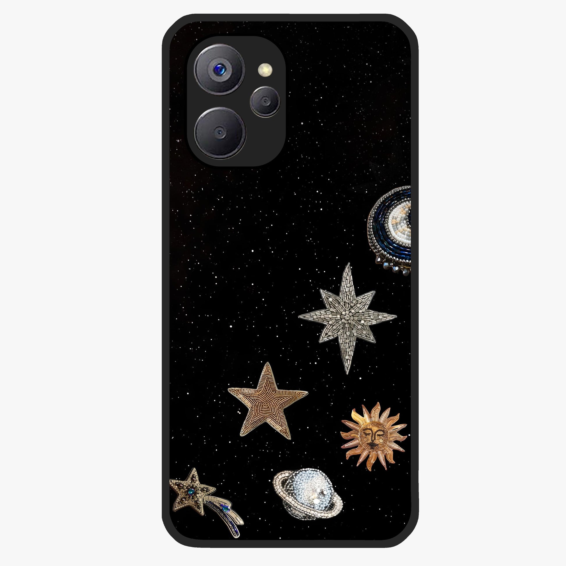 Galactic Charm Glow Glass Case showing flat back view with glowing celestial charm artwork and glossy glass finish.