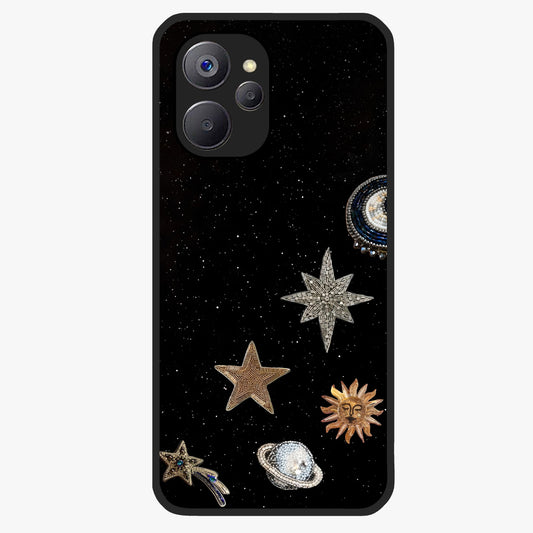 Galactic Charm Glow Glass Case showing flat back view with glowing celestial charm artwork and glossy glass finish.