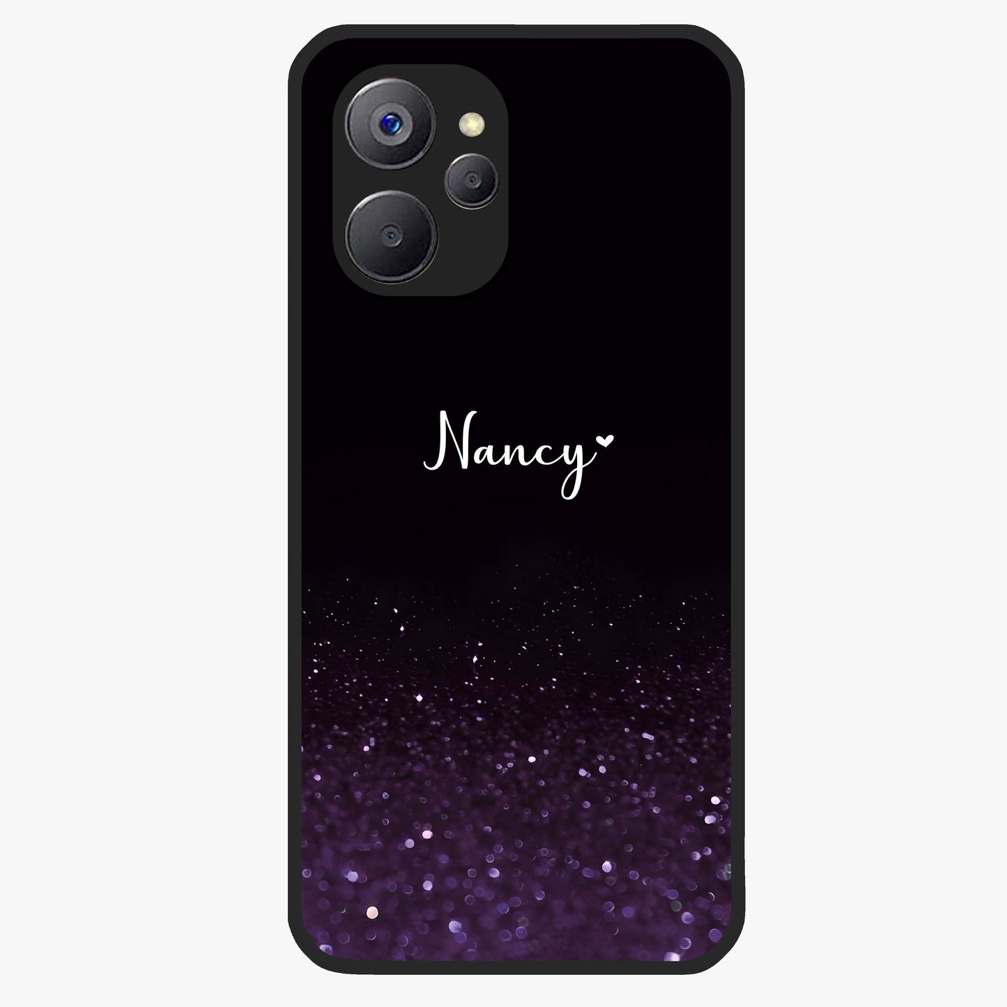 Glittery Purple Bokeh Custom Name Glass Case showing flat back view with purple bokeh sparkle artwork and personalized name design.