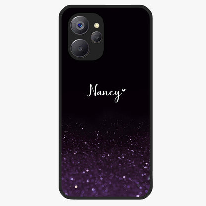 Glittery Purple Bokeh Custom Name Glass Case showing flat back view with purple bokeh sparkle artwork and personalized name design.