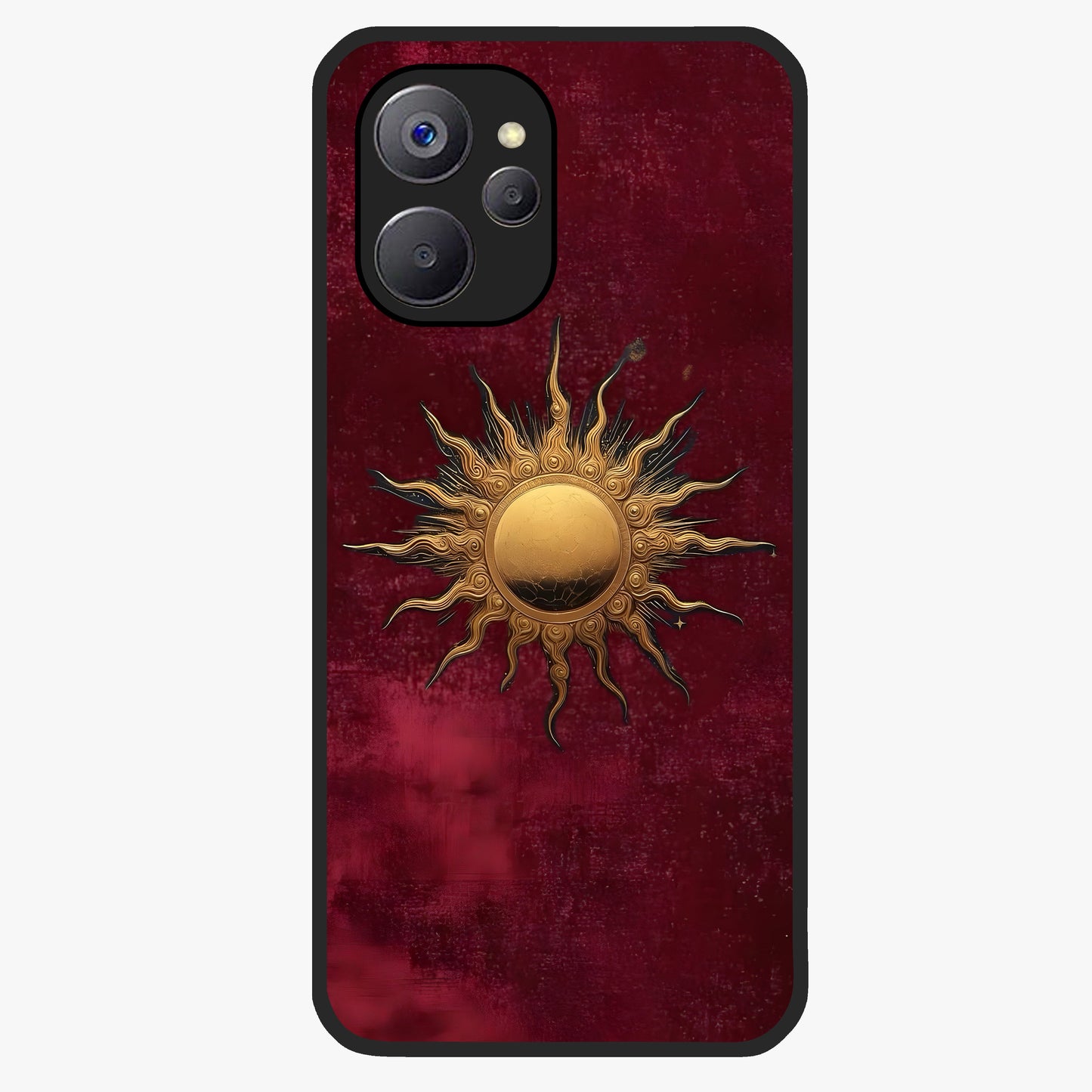 Gold Sun Blush Glass Case showing flat back view with golden sun inspired artwork and glossy glass finish.