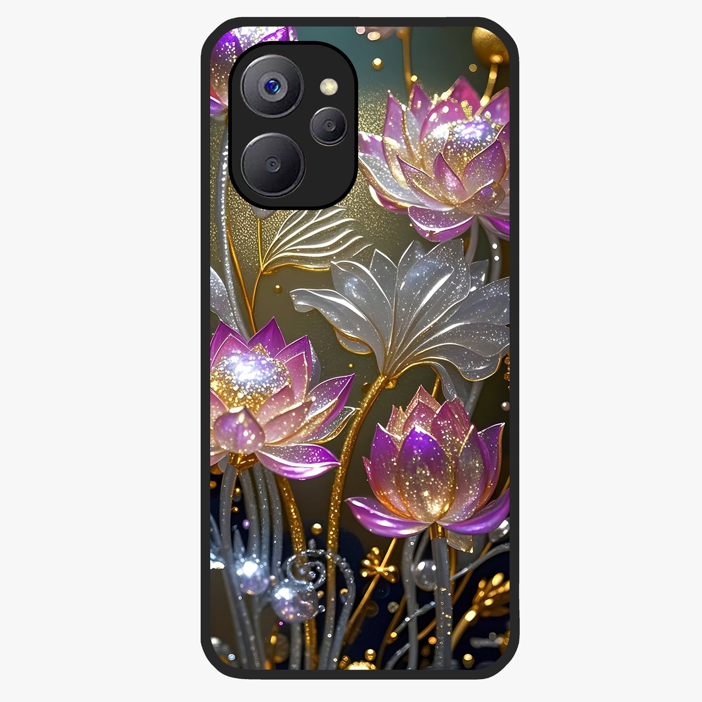Golden Lotus Glow Glass Case showing flat back view with glowing lotus flower artwork and glossy glass finish.