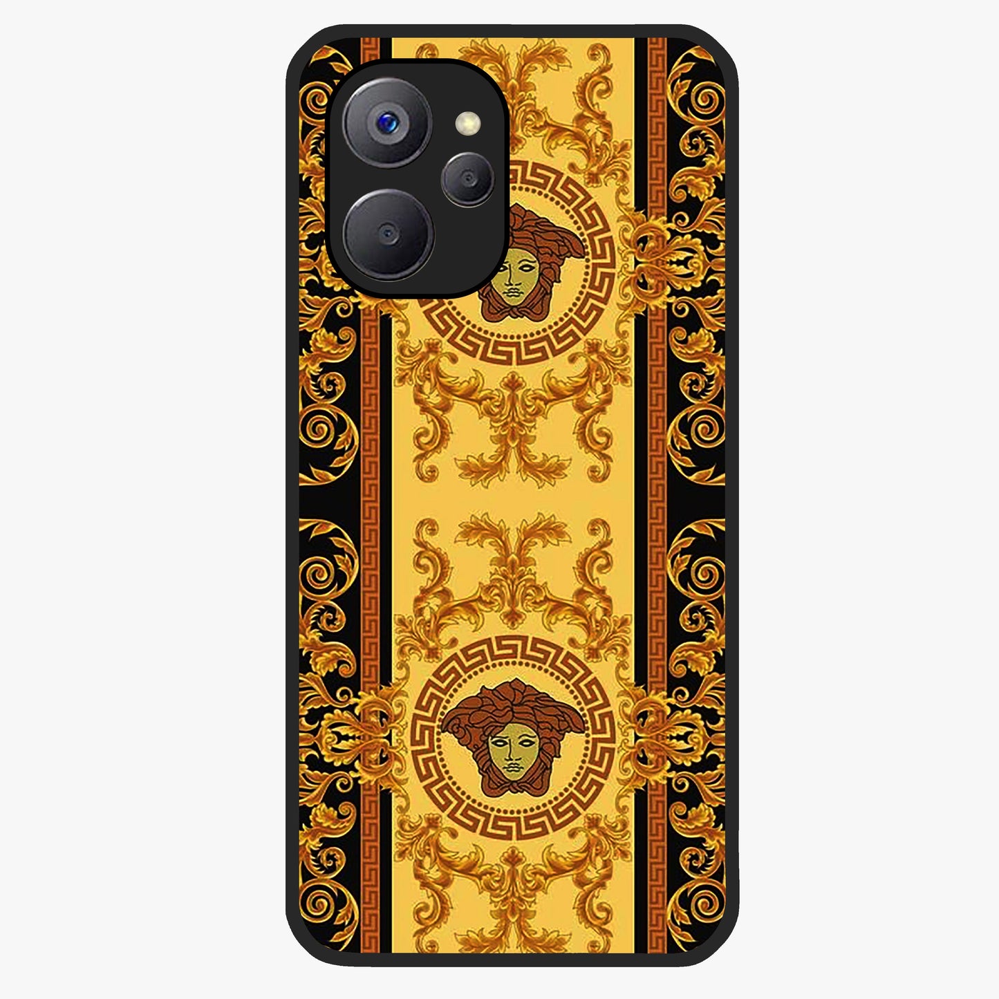 Golden Royal Heritage Glass Case showing flat back view with ornate royal pattern artwork and glossy glass finish.